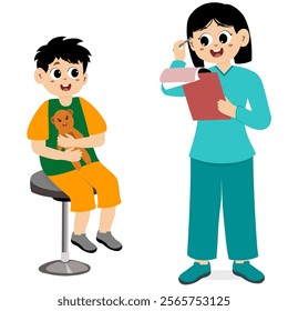 Happy nurses day greetings. Nurses take care of little kid. Little kid sitting on a chair. Little kid being examined by a doctor or nurse
