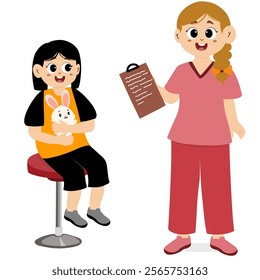 Happy nurses day greetings. Nurses take care of little kid. Little kid sitting on a chair. Little kid being examined by a doctor or nurse