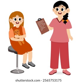 Happy nurses day greetings. Nurses take care of little kid. Little kid sitting on a chair. Little kid being examined by a doctor or nurse
