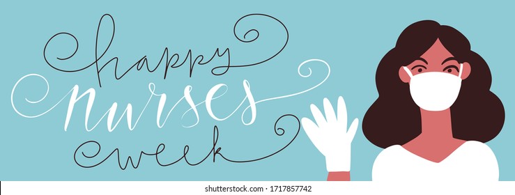 Happy Nurses Week celebration card. Cartoon character female nurse in face mask and gloves. Vector art in minimal style.