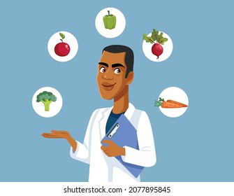 Happy Nutritionist Surrounded by Fruits and Vegetables Concept Illustration. Dietician recommending healthy food, options making meal plan
