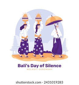 Happy nyepi bali's day of silence with melasti ceremony illustration