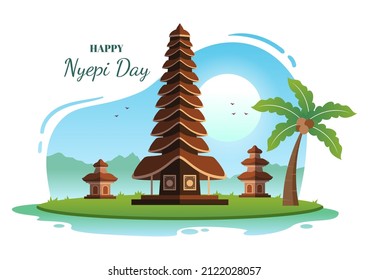 Happy Nyepi Day or Bali's Silence to Hindu Ceremonies in the Background of the Temple or Pura Illustration Suitable for Poster