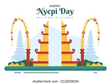 Happy Nyepi Day or Bali's Silence to Hindu Ceremonies in the Background of the Temple or Pura Illustration Suitable for Poster