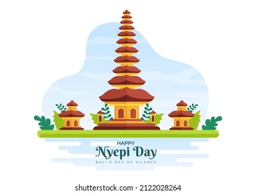 Happy Nyepi Day or Bali's Silence to Hindu Ceremonies in the Background of the Temple or Pura Illustration Suitable for Poster