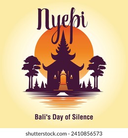 Happy Nyepi Day. Bali's day of silence. Hari Raya Saka, Silhouette Temple for background template vector illustration