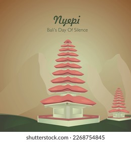 Happy Nyepi Day greeting design. quiet day in bali elegant design, with elements of pura ulun and mountain background. for feed or business needs