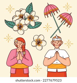 Happy nyepi day of silence bali hindu indonesia asset illustration object character vector flat design icon package of woman and man, with umbrella and jasmine set