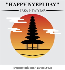 Happy nyepi day with temple on sunset gradient circle and white background