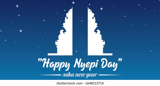 Happy Nyepi Day with twin temple on blue gradient background