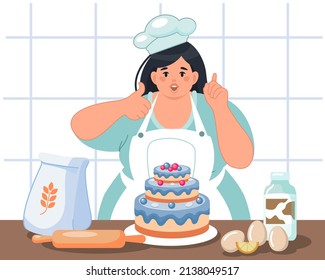 A happy obese female chef in uniform is preparing a birthday cake. The girl cooks at home. Favorite hobby, home business. Vector illustration