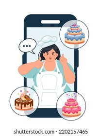 Happy obese pastry chef woman on the smartphone screen. A mobile application with the ability to order birthday cakes and sweets online. The concept of online food delivery. Vector illustration