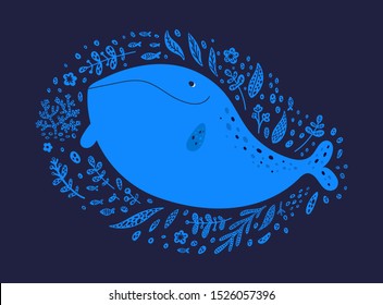 Happy ocean whale isolated on dark background. Adorable sea animal with floral ornament underwater creature. Childish vector illustration in flat style. For card, poster, decoration, print and textile