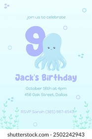 Happy octopus birthday invitation for children. Underwater-themed ninth birthday party card in blue and purple colors