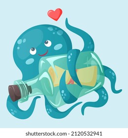 Happy octopus with bottle, treasure map and heart. Friendly vector character on blue isolated background
