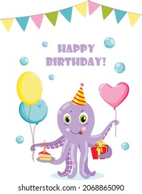 Happy octopus Cartoon with cake and Birthday gift. Vector Illustration. Happy Birthday greeting card