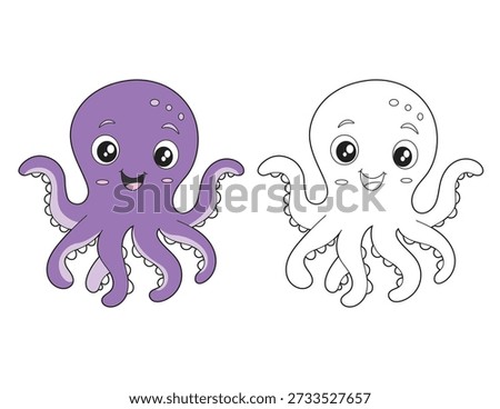 Happy Octopus Coloring Sheet for Toddlers. Cheerful Ocean Animal with Bold Outlines and Color Version for Kids.