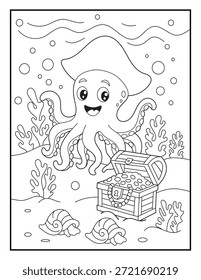 Happy Octopus Guarding an Ocean Treasure, Cute Underwater Coloring Page for Kids. . Cute ocean animal  created with simple bold outlines and clean black and white line art. Ideal for kids coloring books, preschool activities, printable worksheets, and educational materials.