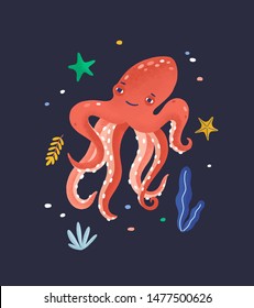 Happy octopus isolated on dark background. Lovely marine animal, cute funny mollusc, seabed dweller, underwater creature. Exotic fauna of tropical sea or ocean. Flat cartoon vector illustration.