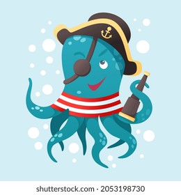 Feliz pirata de pulpo con sombrero pirata y chaleco, con telescopio y venda. Carácter vector amigable sobre fondo aislado azul