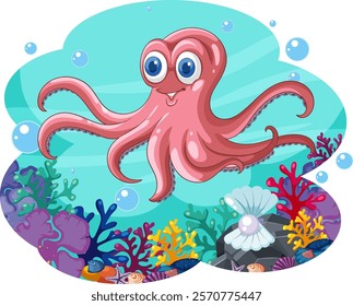 Happy octopus surrounded by colorful underwater scenery
