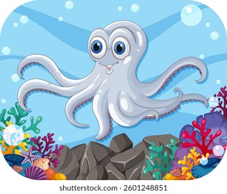 Happy octopus surrounded by colorful coral and rocks