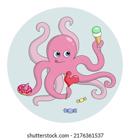 Happy octopus with sweets and ice cream