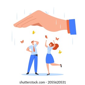 Happy Office Characters Man Woman Dance and Rejoice under Huge Palm Cover them from Rain with Butterflies Flying around. Company Insurance, Leader Protect Employees. Cartoon People Vector Illustration