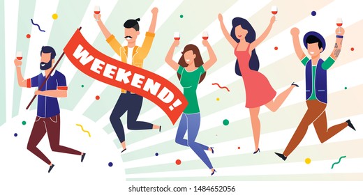 Happy Office Coworkers Celebrating Start Weekend. Smiling Men and Women Group Rejoicing Work Week End. Smiling Cartoon People Running with Lettering Flag under Confetti Rain. Vector Flat Illustration