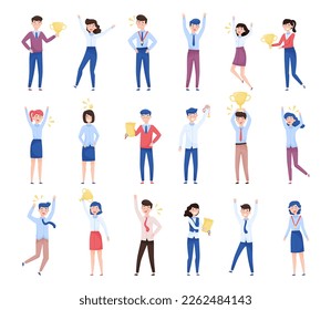 Happy Office Employee Winner Holding Gold Award Goblet and Medal Big Vector Set