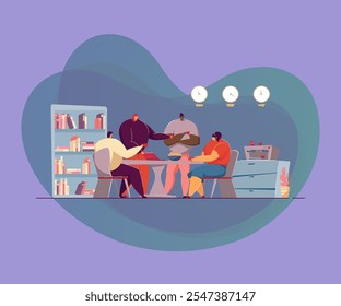 Happy office employees talking during coffee break flat vector illustration. Cartoon people smiling, eating lunch and meeting at company kitchen. Friendship and teamwork concept