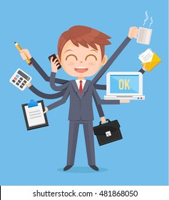 Happy office man character. Multitasking hard work. Vector flat cartoon illustration