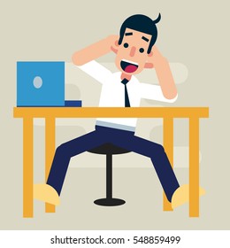 Happy office man do his easy work on desk. Positive work thinking.