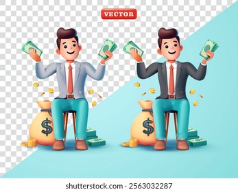 Happy office man with money. 3d vector, Suitable for business, career and design elements