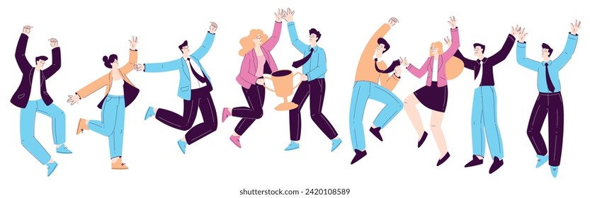 Happy Office Man and Woman Character Rejoicing and Cheering Celebrate Achievement Vector Set