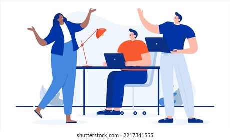 Feliz trabajo de oficina - Trabajadores haciendo trabajo, hablando y socializando en el lugar de trabajo. Dibujo vectorial de dibujos animados de diseño plano con fondo blanco