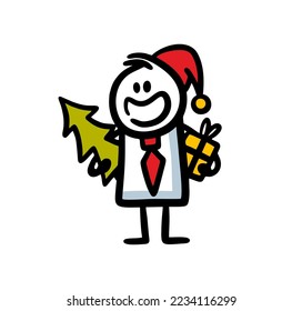 Happy office style man in suit red top hat brings christmas tree and gifts. Vector illustration for new year party at work.