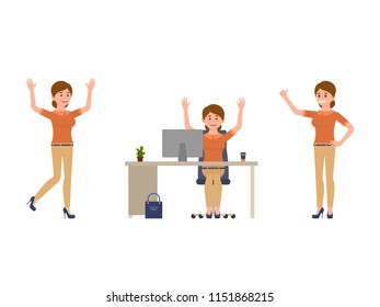 Happy office woman cartoon character. Joyful manager female at workplace