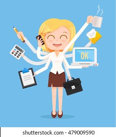 Happy Office Woman Character. Multitasking Hard Work. Vector Flat Cartoon Illustration