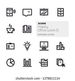 Happy Office Work (1), Editable Stroke Vector Icon Set