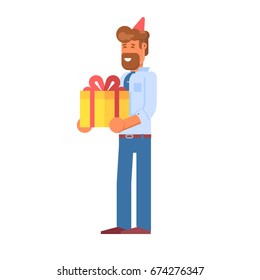 Happy office worker character with gift box and celebration cone hat. Festive businessman guy holding present and smiling isolated on white background.