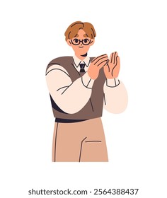 Happy office worker clapping his hands, rejoices. Boy applauding, congratulates with success. Young man greeting, celebrates, shows support with applause. Flat isolated vector illustration on white