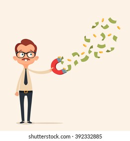 Happy Office Worker Collecting Money with Magnet. Vector Illustration