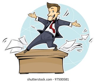 happy office worker dancing on the desk