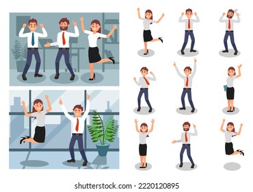 Happy Office Worker and Employee in Formal Suit Jumping with Joy and Cheering Big Vector Set