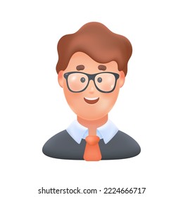 Happy office worker in glasses 3D icon. Face of smiling manager, businessman or male employee in suit 3D vector illustration on white background. Business, career or job concept