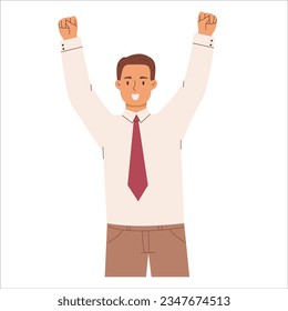 A happy office worker with hands up. Work success, company worker.