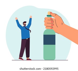 Happy office worker and huge hand holding bottle of alcohol. Colleagues celebrating event flat vector illustration. Celebration, beverage, addiction concept for banner, website design or landing page