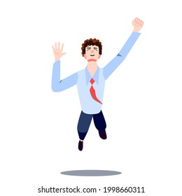 Feliz trabajo de oficina saltando por alegría. Joven divertida en un empate saltando con las manos alzadas. El Hombre De Negocios Ríe Y Celebra El Éxito. Ilustración vectorial de dibujos animados.