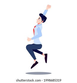 Feliz trabajo de oficina saltando por alegría. Joven divertida en un empate saltando con las manos alzadas. El Hombre De Negocios Ríe Y Celebra El Éxito. Ilustración vectorial de dibujos animados.